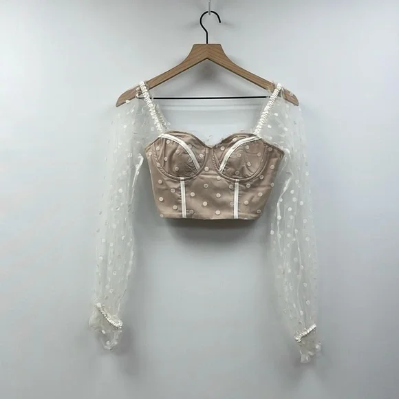 Hello Molly Sunset Polka Dot Mesh Sweetheart Corset Crop Top Preppy Beige 4 - Picture 4 of 12